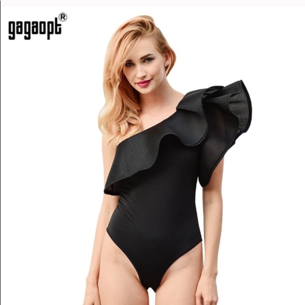 SIBYBO Solid Mesh Ruffles Sexy Bodysuit
